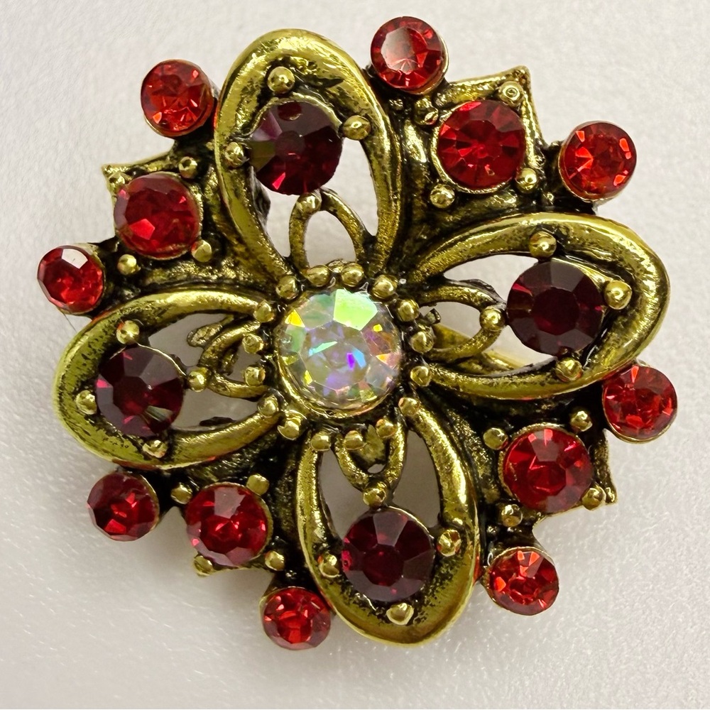 Vintage-Inspired Gold Flower Brooch with Red and Aurora Crystal Accents NWOT
